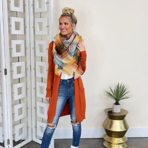 Yellow Brown Multi Knit Blanket Scarf Plaid - Picture 7 of 8